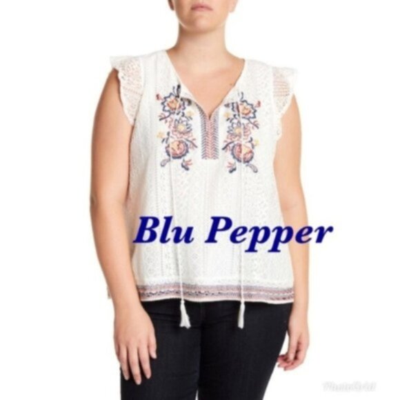 Blu Pepper Womens White Floral Embroidered Lace Cap Sleeve Blouse Plus Sz 3X New - Picture 1 of 8